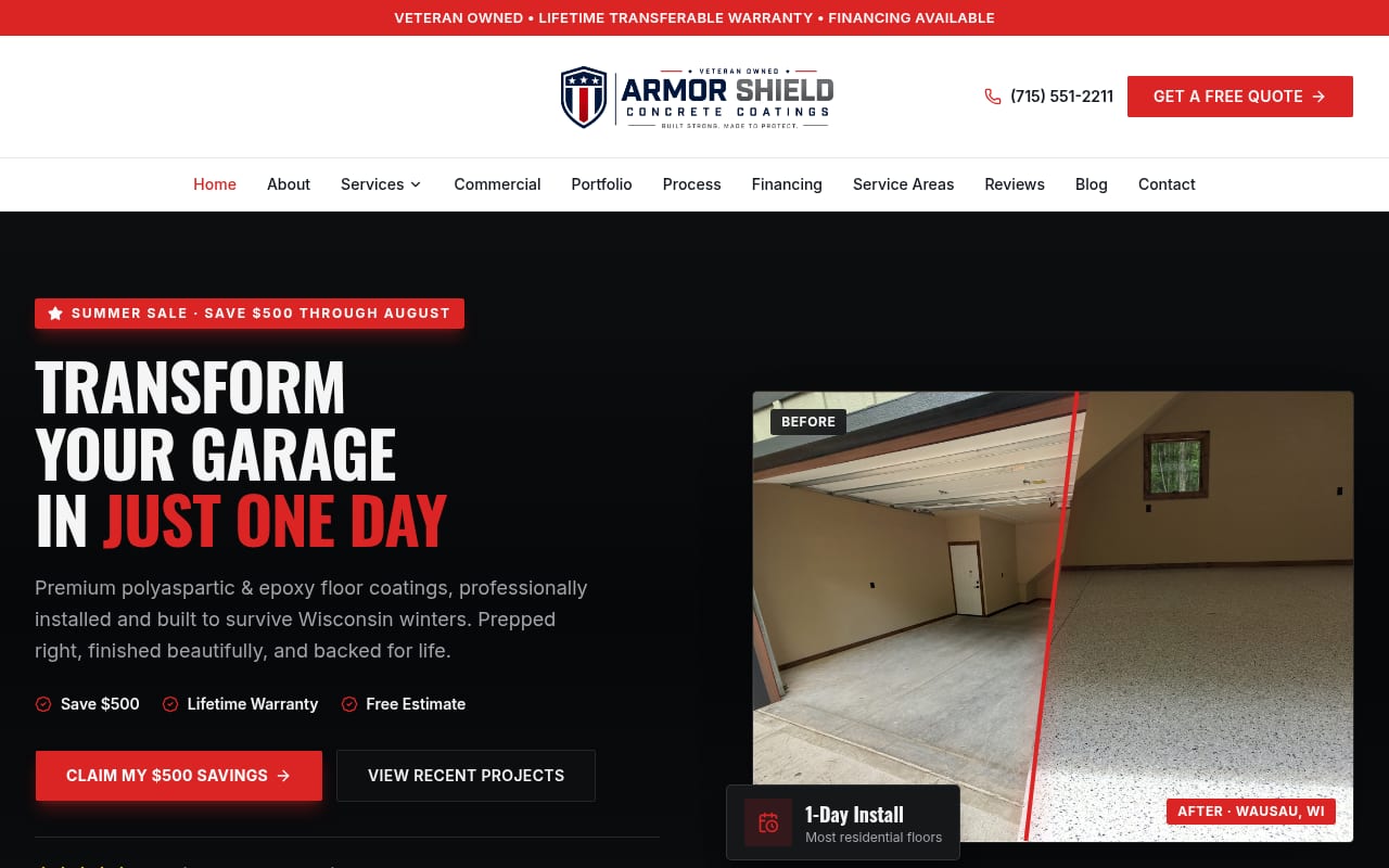 ArmorShield Concrete Coatings website shown on desktop and mobile devices