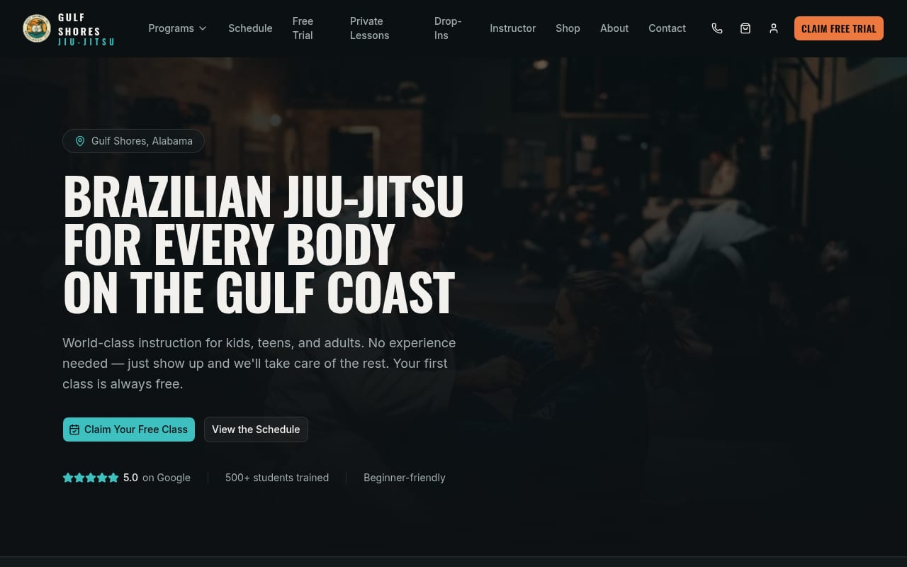 Screenshot of the Gulf Shores Brazilian Jiu-Jitsu website built by Tech Turtle