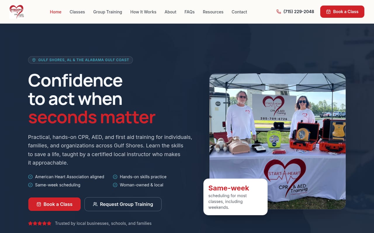 Start-A-Heart CPR and AED training website shown on desktop and mobile devices