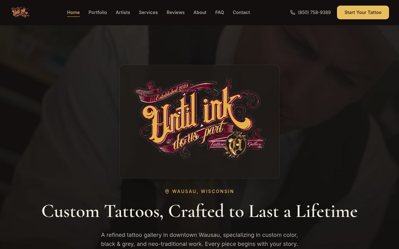 Screenshot of the Until Ink Do Us Part Tattoo Gallery website designed by Tech Turtle