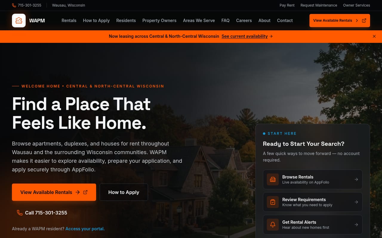 Wausau Area Property Management rental website shown on desktop and mobile devices